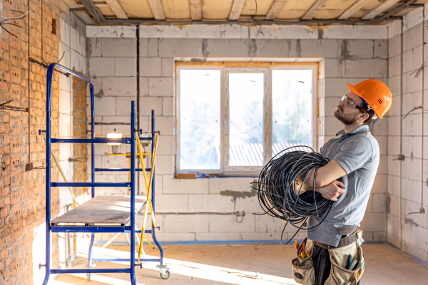 Elektriker mit orangem Schutzhelm trägt eine Kabelrolle auf einer gewerblichen Baustelle