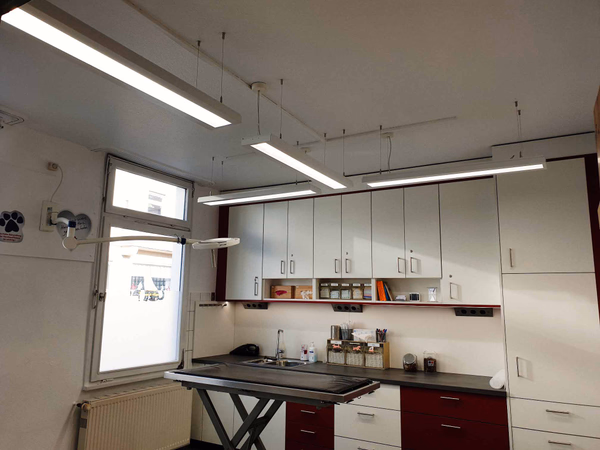 Fertig installierte LED-Deckenbeleuchtung in der Tierarztpraxis Fehre mit Untersuchungstisch