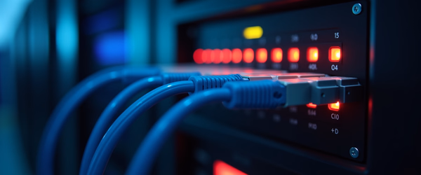 Blaue Netzwerkkabel, die in einen Server-Switch mit aktivierten, rot leuchtenden Status-LEDs eingesteckt sind.