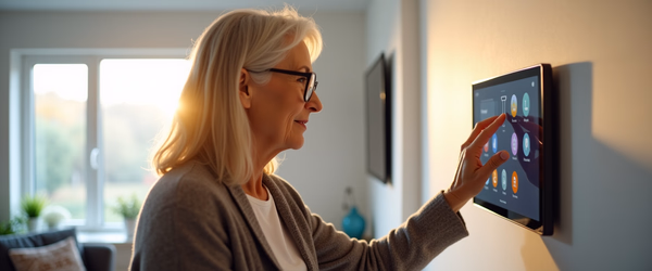 Eine ältere Frau mit Brille bedient ein an der Wand montiertes Smart-Home-Touchdisplay.